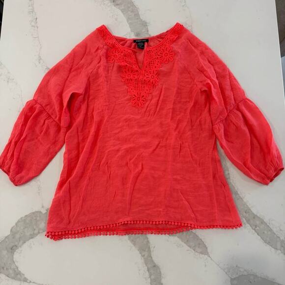 Robert Louis Tops - Robert Louis Vacation Blouse Womens Medium Coral Lace Accents 3/4 Balloon Sleeve